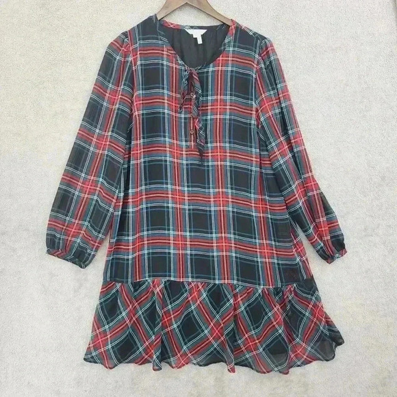 Draper James Dresses & Skirts - Draper James Plaid Long Sleeve Ruffle Hem Midi Dress Size L  7PT